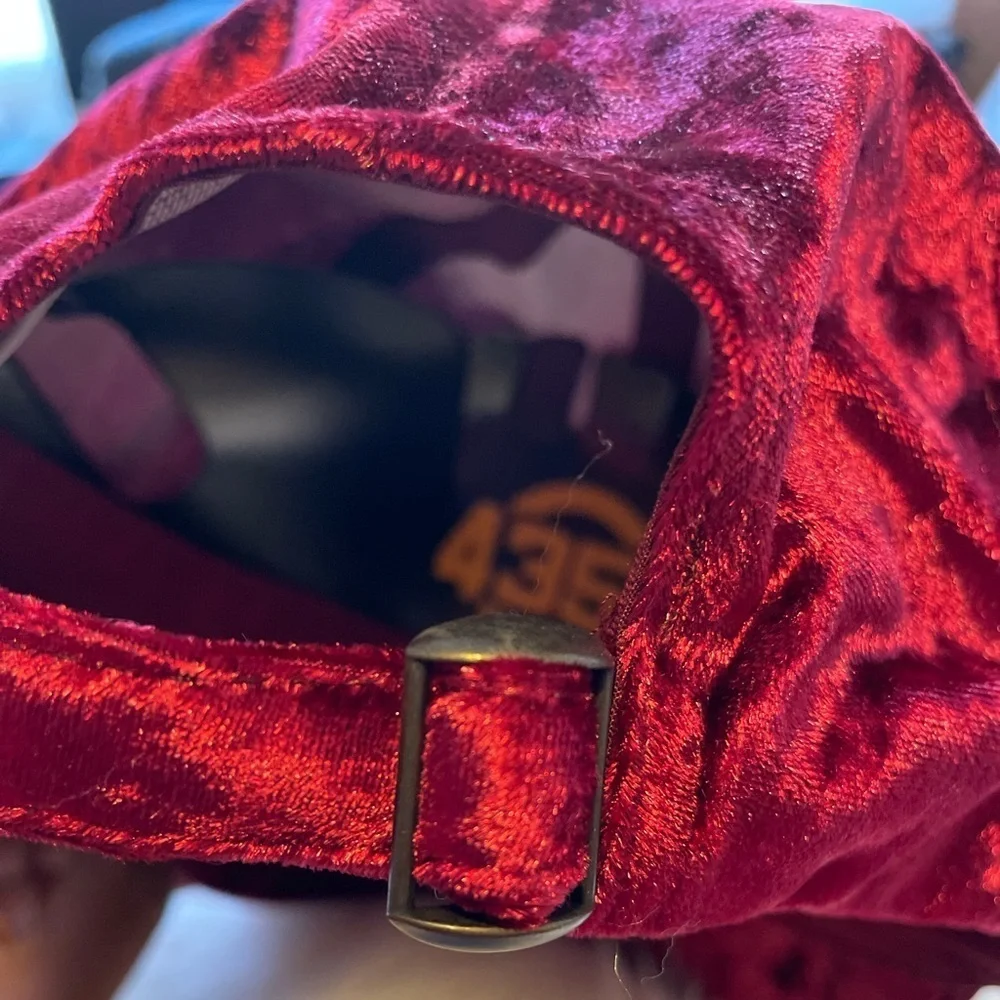 J. Elise Boutique Burgundy Golden Bee Patch Distressed Velour Velvet Fitted Cap